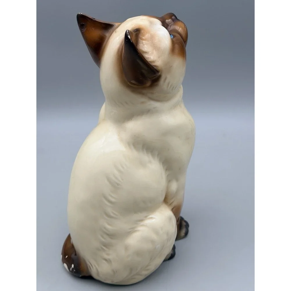 Vintage Siamese Cat Figurine Japan Blue Eyes Ceramic Mid Century 10